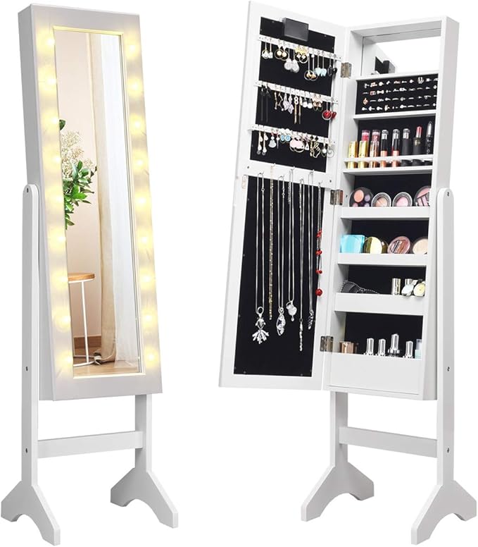 Giantex Standing Jewelry Armoire with 18 LED Lights Around the Door, Large Storage Mirrored Jewelry Cabinet with Full Length Mirror, 16 Lipstick Holders, 1 Inside Makeup Mirror (White)