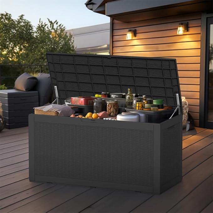 120 Gallon Outdoor Deck Box,Storage Lockable Waterproof Patio Furniture,Garden Tools,Cushions,Pool Accessories Outside Storage Resin Box(Black)