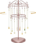 MODOWEY Rotating Necklace Holder Organizer Display Stand with 42 Hooks, 2 Tier Adjustable Metal Tree for Long Necklace Hanger, Tall Spinning Bracelet Storage Rack for Men Women, Rose gold