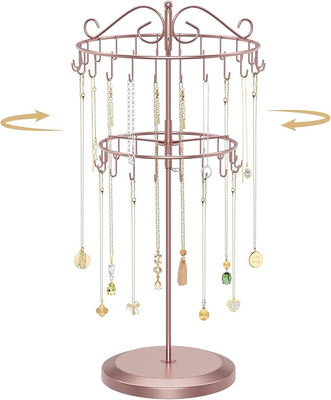 MODOWEY Rotating Necklace Holder Organizer Display Stand with 42 Hooks, 2 Tier Adjustable Metal Tree for Long Necklace Hanger, Tall Spinning Bracelet Storage Rack for Men Women, Rose gold
