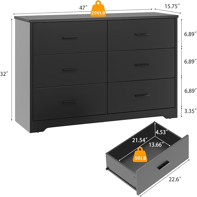 LIDYUK Dresser for Bedroom, Wood Dresser with 6 Drawers, Modern Minimalist Style Dressers & Chests of Drawers, 48 Inches Wide Chest of Drawers for Bedroom, Hallway, Living Room, Black