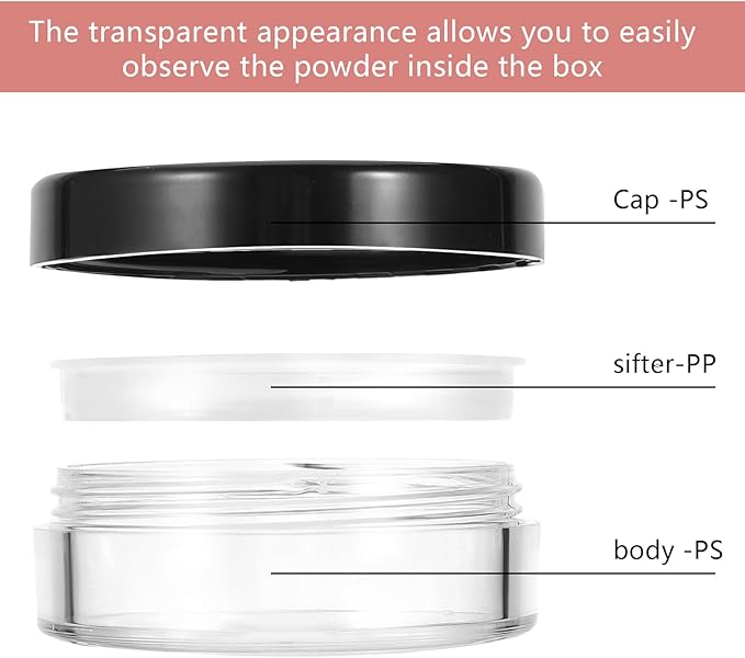 4pcs 10ml/0.34oz Plastic Empty Travel Small Loose Powder Compact Refillable Loose Powder Containers Reusable No Leak Compact with Rotatable Sifter And Black Screw Lid