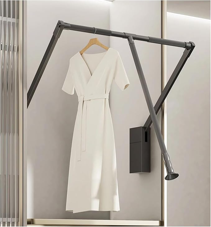 Pull Down Closet Rod for Hanging Clothes, Retractable Wardrobe Hanger for Cabinet Inside Width 21.6"~26", Aluminium alloy Tubing with Plastic Housing, 44 lb Weight Rating
