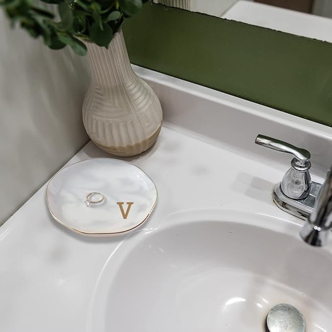 Initials Ring Dish Jewery Tray with Personalized V-Monogrammed Gifts Wedding Engagement for Women Friends Sister,Ceramic White
