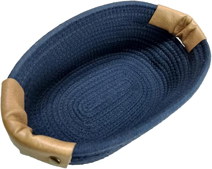 Small Cotton Woven Basket with PU Leather Handle, Baby Kids Clothes Toys Candy Gifts Cotton Rope Organizer, Living Room Basket Bathroom Shower Storage Laundry Basket, Dog Cat Bed, Cute Decor, Navy