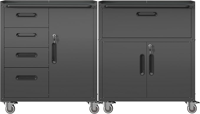 Metal Tool Cabinet,Garage Storage Cabinet System,Wall Cabinet & Locking Rolling Tool Cabinet with Doors and Adjustable Shelves,Steel Tool Cabinets for Home (2 Pcs-StyleF, Black)