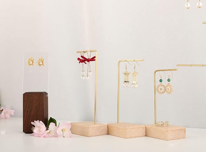 GemeShou 3pcs Beech wooden dangle earring stand holder, hoop earring displays for selling jewelry, mini brass earring hanger【Walnut Stand set-3pcs】