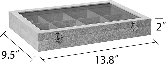 Frebeauty Velvet Jewelry Tray,12 Grid Jewelry Organizer with Clear Lid,Bracelets Holder,Jewelry Display Case with Clasp,Drawer Insert Bangle Brooch,13.8 x 9.5 x 2 Inches,Gift for Women Girls(Grey)