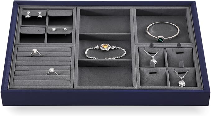 Dark Blue Jewelry Display Tray Ring Necklace Earring Bangle Organizer Multifunctional Storage Case for Jewelry Showcase (Long 3 Grids Tray)