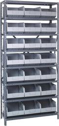 Quantum 1275-425GY Heavy Duty Shelving Unit with (8) Shelves and (21) SSB425 Gray Bins for Garage Warehouse Storage Distribution | 400 lb Load Capacity | 12"D x 36"L x 75"H, Galvanized Carbon Steel