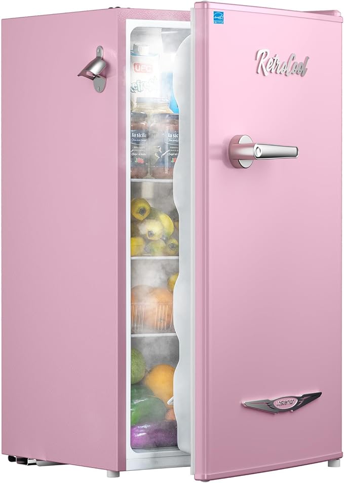 Upstreman 3.2 Cu.Ft Retro Mini Fridge with Bottle Opener, Energy Saving, Adjustable Thermostat, Metal Handle, LED Lamp, Mini Refrigerator for Bedroom, Office, Dorm-BR321 PRO (Pink)