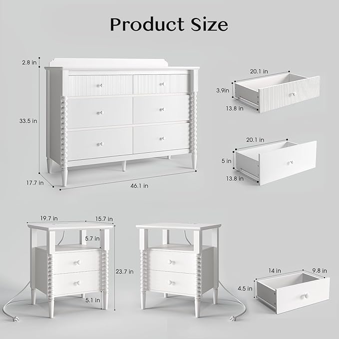3 Piece Bedroom Set, Vintage 6 Drawer Dresser and Nightstand Sets for Bedroom, Night Stand Set 2 & Kids Dresser with Solid Wood Legs, Chest of Drawers Storage Cabinet Set, White