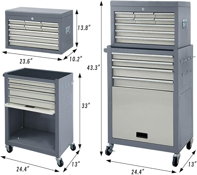 13-Drawer Rolling Tool Chest with Wheels, 2-1 Detachable Tool Chest with Drawers, Metal Tool Box with Lock, Large Tool Cabinet for Garage Workshop (Gray)