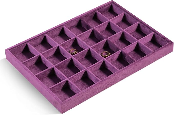 Velvet Stackable Jewelry Display Tray, 24 Grid Earring Ring Storage Tray, Drawer Divider Jewelry Accessories Organizer Plate (Purple)