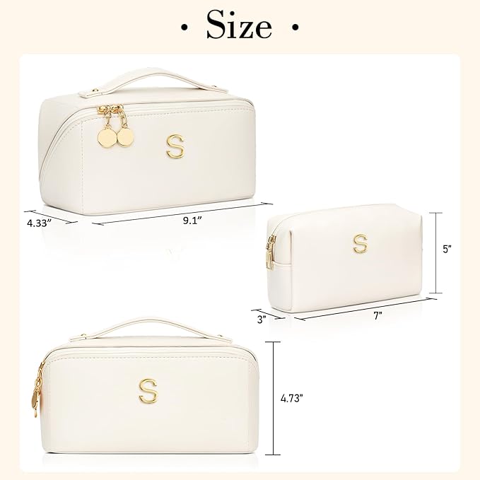Birthday Gifts for Women Teen Girl, Personalized Initial Makeup Organizer Bag Set, Open Flat Travel Cosmetic Bag With Clear Divider and Handle(Beige,S)