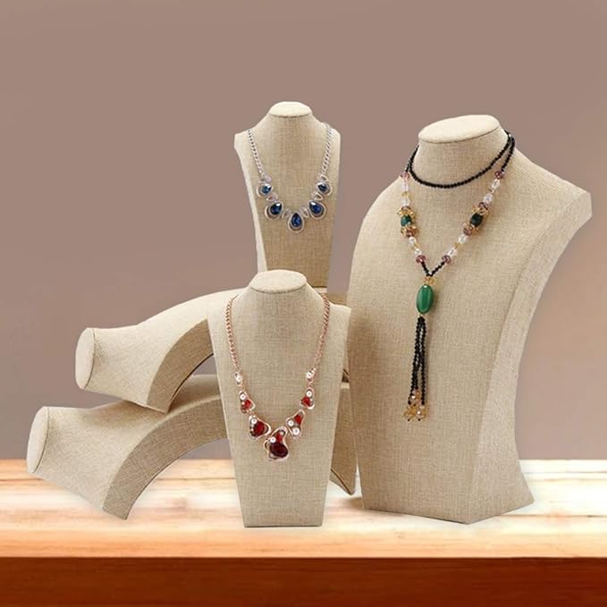 Beige Linen Necklace Display Bust - 13.7" Jewelry Holder for Necklaces, Bracelets, Figure Display Stand (35x20cm)