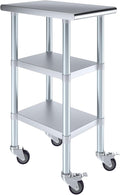 AmGood Stainless Steel Work Table with 2 Shelves and Casters | Metal Utility Table On Wheels (Stainless Steel Work Table with 2 Shelves + Casters, 15" Long x 24" Deep)