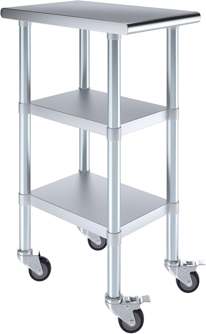 AmGood Stainless Steel Work Table with 2 Shelves and Casters | Metal Utility Table On Wheels (Stainless Steel Work Table with 2 Shelves + Casters, 15" Long x 24" Deep)