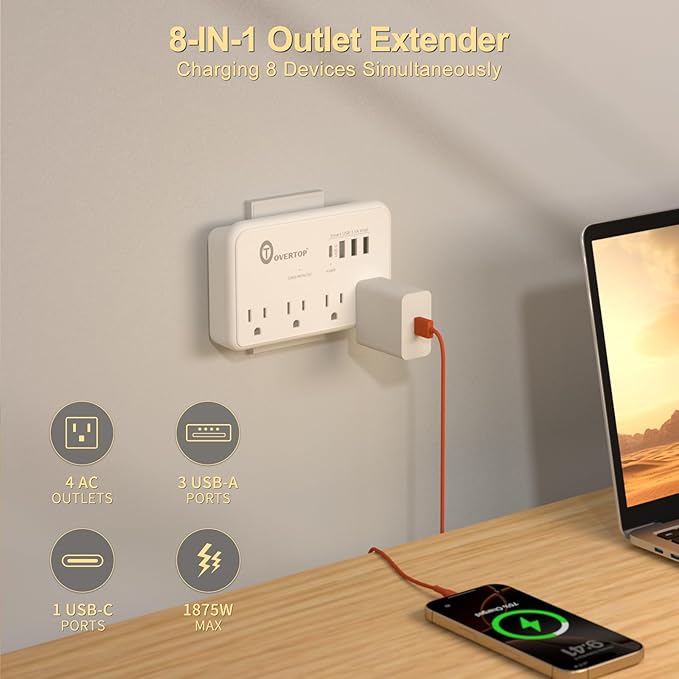 Overtop Wall Outlet Extender Surge Protector with 4 AC Outlets, 4 USB Ports(1 USB C) Multi Plug Expander Charger for Home, Dorm, Classroom, Travel