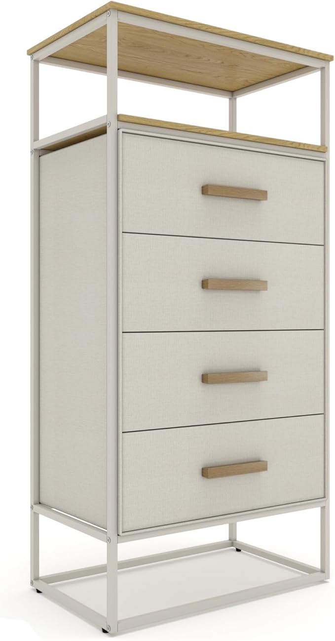 tinge Zana Premium Fabric Dresser - Strong Metal Frame, 4 Spacious Sag-Proof Drawers & Sturdy Wooden Top Shelf - Premium, Sleek & Durable Storage Solution for Your Home (Beige)