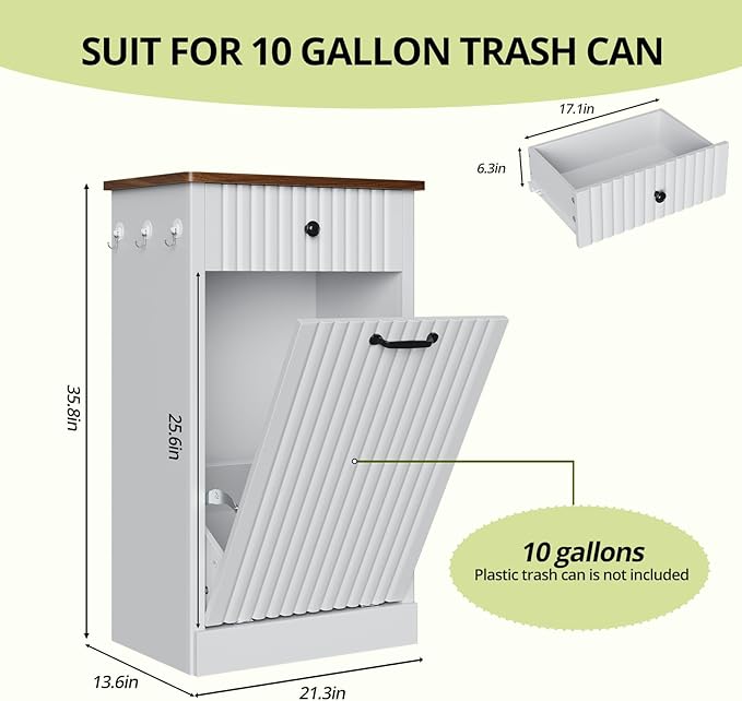 Tilt Out Trash Can Cabinet, 10 Gallon Fluted Laundry Hamper Cabinet with Drawers, Freestanding Wooden Hidden Garbage Can Cabinets for Kitchen, Living Room, Without Trash Bin or Laundry Hamper, White