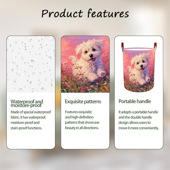 Laundry Baskets 15.7x19.7 Inch Large Puppy Wildflower Field Design Collapsible Laundry Hamper with Handles Oxford Fabric Clothes Storage Bin Foldable Dirty Clothes Organizer for Bedroom Bathroom Dorm