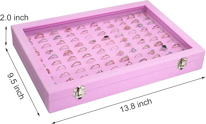 Velvet Ring Display Tray Organizer Box with Transparent Lid, 100 Slot Ring Holder Showcase For Store Display Jewelry Show Home, Pink