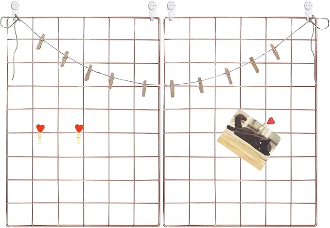 GBYAN Wall Grid 2 Pack Wire Photo Grid Panels Memo Board Wall Organizer(Rose Gold)