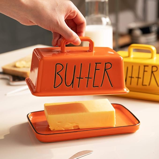 Sweejar Ceramic Butter Dish with Handle Lid, 7.3 Inch Porcelain Large Butter Keeper with Cover, Perfect for East/West Butter (Orange)