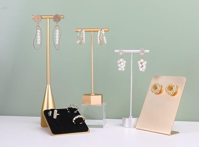 GemeShou 2pcs Gold earring display T bar stand, Big jewelry earring holders for Boutique Store, Jewelry holders high enough for long earring necklace【Gold-2pcs Height 7.9" and 11"】