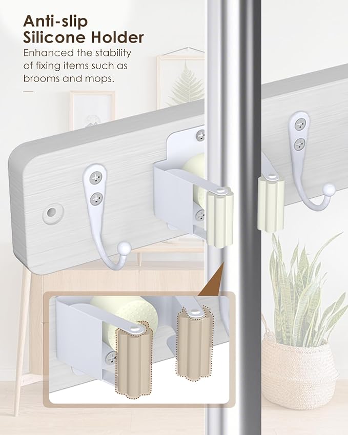AceMining Broom Holder Wall Mounted, White 4 Holders and 4 Hooks Mop Holder, Wooden Mop and Broom Holder with Anti slip rubber, Natural pine wood Brush Holder, Mop Wall Holde with Nail installation