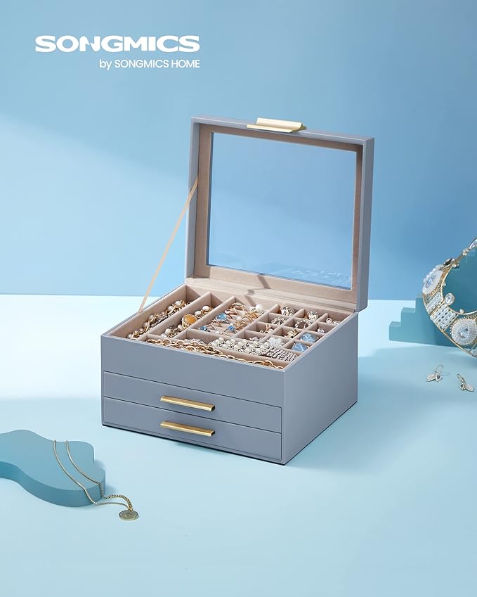 SONGMICS Jewelry Box Organizer with Glass Lid, 3-Layer Jewelry Storage, with 2 Drawers, Modern Style, Christmas Gift, 8 x 9.1 x 5.3 Inches, Smoky Blue and Gold Color UJBC239Q01