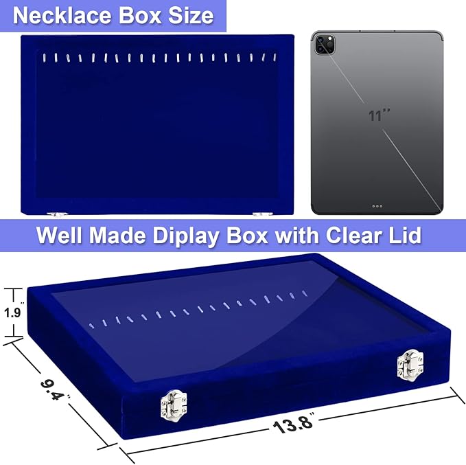 Jenseits Jewelry Display Box For Necklace Organizer, Velvet Necklace Storage Tray For Drawer, 20 Hooks Large Velvet Showcase Holder, Jewelry Organizer With Transparent Lid, Gifts For Her - Blue