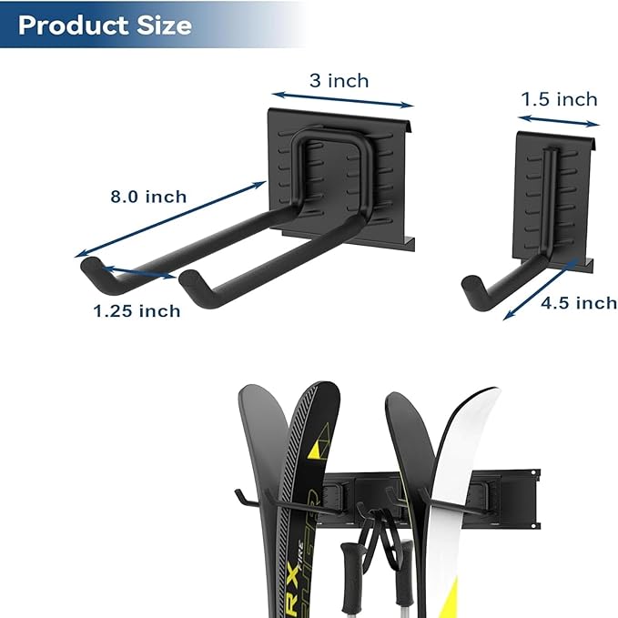 WALMANN Wall Mounted Ski Rack, Garage Ski Storage for 4 Pairs of Skis Mount Hanger Home Shed and Garage Snowboard Wall Rack Holds Up to 200 lbs