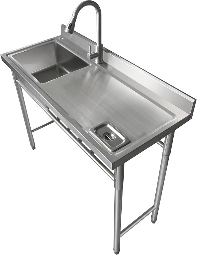 Qian Kun Free Standing 39.3 * 19.7 * 35.4 Left Single Bowl Outdoor Kitchen Sink (304 Stainless Steel, Pull Down Sprayer & Drain Pipe, Commercial Restaurant, NSF Certified)