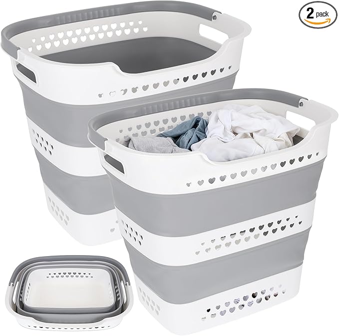 2 Pcs Collapsible Laundry Baskets for Dirty Clothes, 43L Plastic Laundry Hamper for Dorm Bedroom, Space Saving Pop-Up Laundry Hamper Container, Durable Foldable Laundry Basket with Handles (Grey)