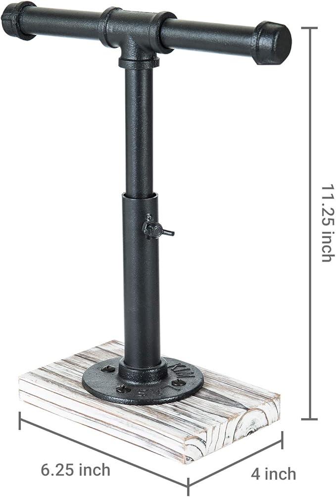 MyGift Industrial Pipe Black Metal T-Bar Adjustable Height Jewelry, Bracelet & Necklace Display Stand with Torched Wood Base