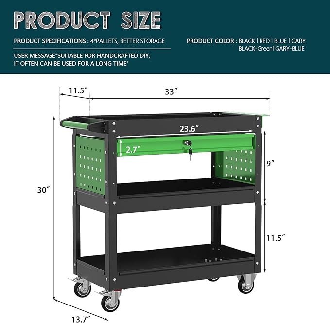 3 Tier Rolling Tool Cart on Wheels with Locking Drawer - Metal Service Cart Industrial Utility Cart for Mechanic - 350 LBS Mobile Storage Organizer for Garage (Black-Green)