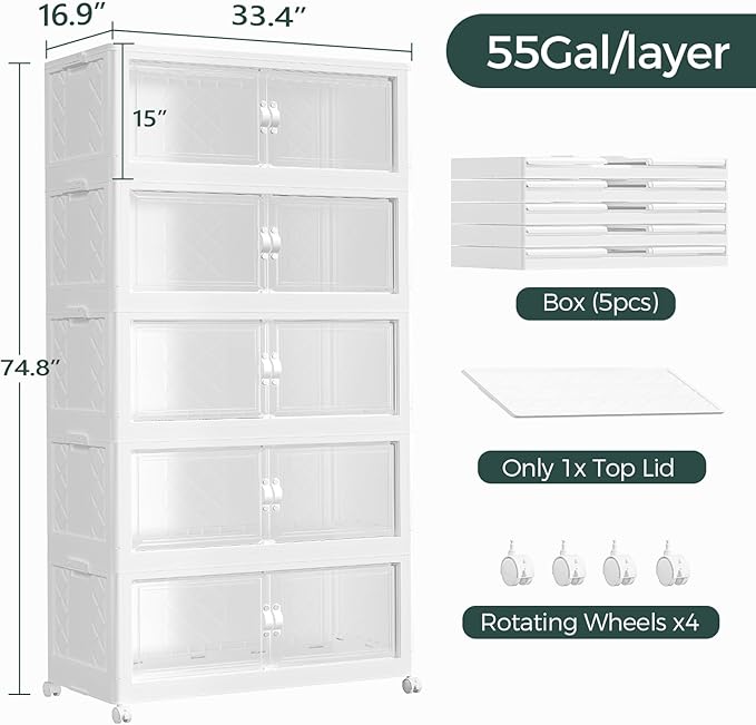 1100QT Extra Large Stackable Storage Bins with Lid, 275Gal Collapsible Closet Organizer Box with Wheels, Folding Plastic Storage Cabinet with Doors for Home Kitchen Office Dorm, 5Pack White