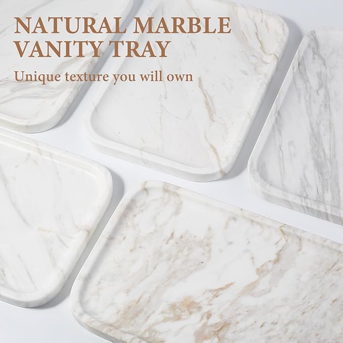 Marble Vanity Tray, Marble Bathroom Tray Countertop, Decorative Trays for Dresser Organizer, White Stone Storage Serving Trays for Kitchen, Perfume, Jewelry Cathall Holder