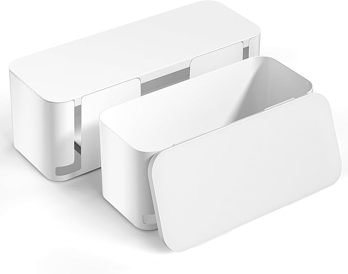 YECAYE 2 Pack Cable Management Box, Pet Friendly Cord Organizer Box for Home & Office, Child-Proof Cable and Power Strip Protector Box, Wire Hider and Cord Organizer for Desk, White