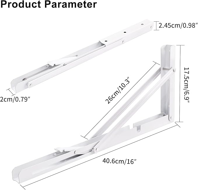 YUMORE Folding Shelf Brackets, 16 Inch Heavy Duty Collapsible Shelf Bracket, White DIY L Bracket for Workbench Folding Table Hinge, Max Load: 330lb, Pack of 2