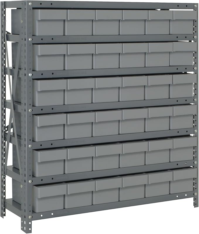 Quantum 1239-601GY Heavy Duty Shelving Unit with (7) Shelves and (36) Gray Bins (QED601) for Garage Warehouse Storage Distribution | 400 lbs Load Capacity | 12"D x 36"L x 39"H, Galvanized Carbon Steel