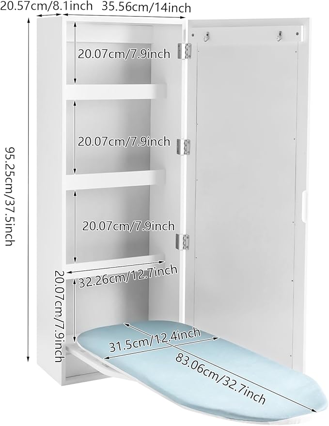 Wall Mount Ironing Board Cabinet, 14 * 8.1 * 37.5inch Built-in Swivel Ironing Board Foldable with Storage, Ironing Table Closet with 180° Rotatable Ironing Table for Home, Apartment & Small Spaces