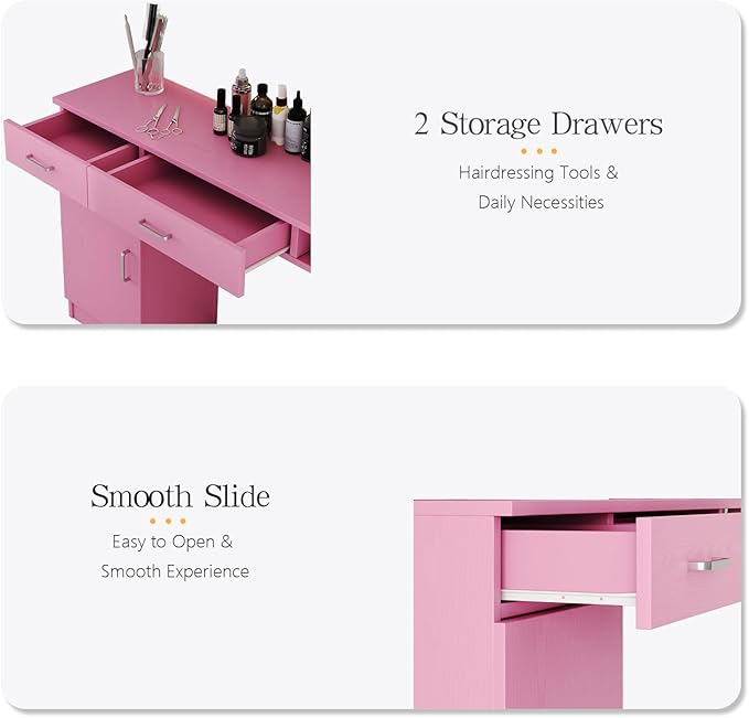 4ever2buy Salon Stations for Hair Stylist, Wall Mount Barber Station with Barber Cabinet, Hair Station Equipment Hair Dryer Holder, Drawers, Mirror not Included, Pink