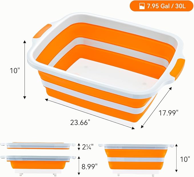 Collapsible BBQ Prep Tub with Cutting Board - 7.95 Gal/30L Food-Grade Container - BPA-Free, Space-Saving w/Lid & Drain Hole - for Grilling, Camping, Offset Smoker (Orange)