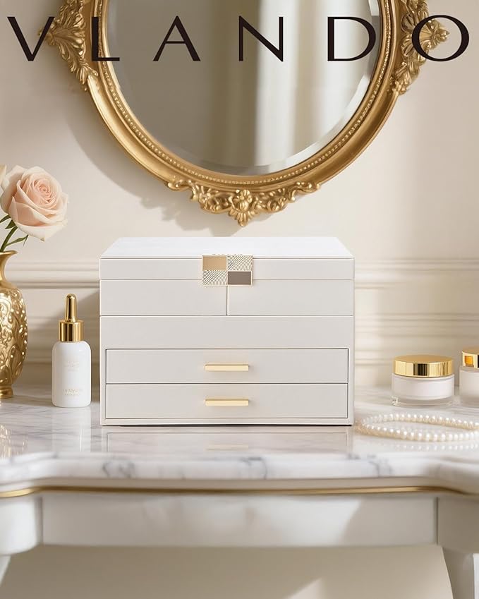 Vlando 4 Layers Jewelry Box - Women Jewelry Box with Retractable Tray - Jewelry Organizer with Drawer for Necklaces, Rings, Bracelets, Earrings, Gift for Couples Mom Girls - Could White