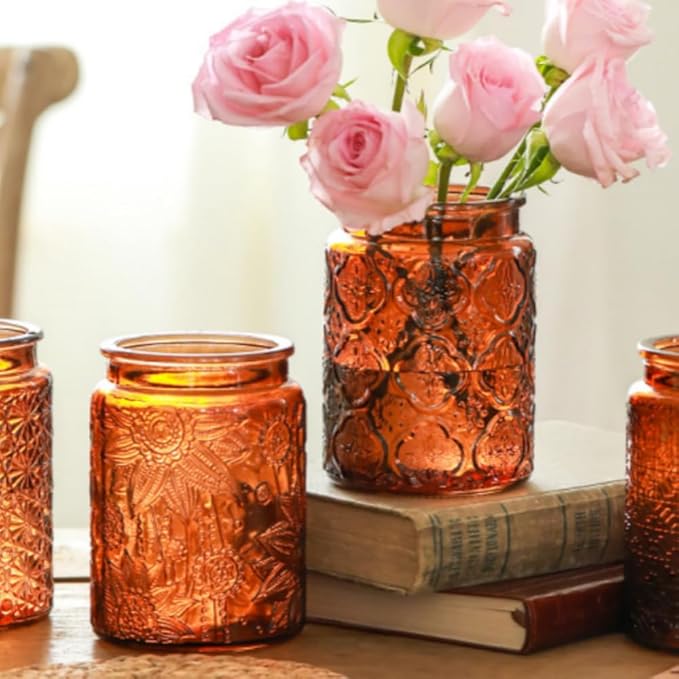 ANSQU Set of 2 Vintage Glass Kitchen Storage Counter Jar, 23.7 FL OZ Candy Jars with Lids, Coffee Container for Ground Coffee, Mason Jar Hold Tea, Sugar, Bath Salts & More (Brown, 2 Pack)