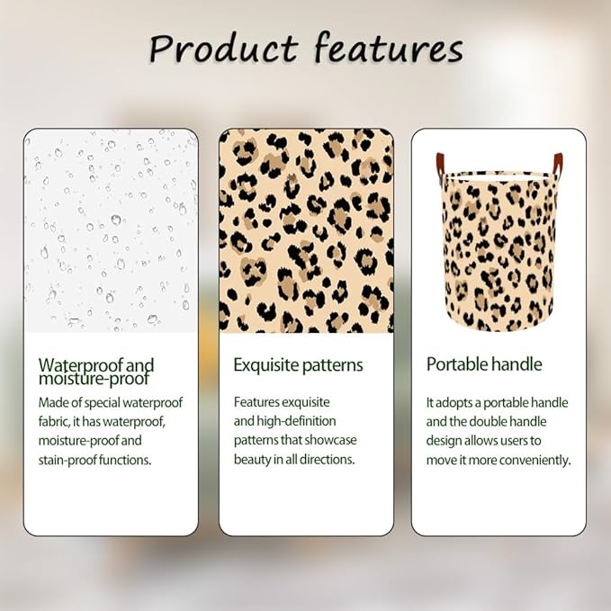 Laundry Baskets 15.7x19.7 Inch Large Classic Leopard Print Design Collapsible Laundry Hamper with Handles Oxford Fabric Clothes Storage Bin Foldable Dirty Clothes for Bedroom Bathroom Dorm