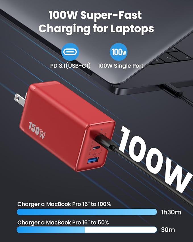 150W USB C Charger Block,GaN III Compact Foldable Wall Charger 3 Port Fast Charging Station,PD QC PPS Portable USB C Hub 100W Laptop Adapter for MacBook Pro/Air,iPad,iPhone 17/Pro,Galaxy S24,Dell etc